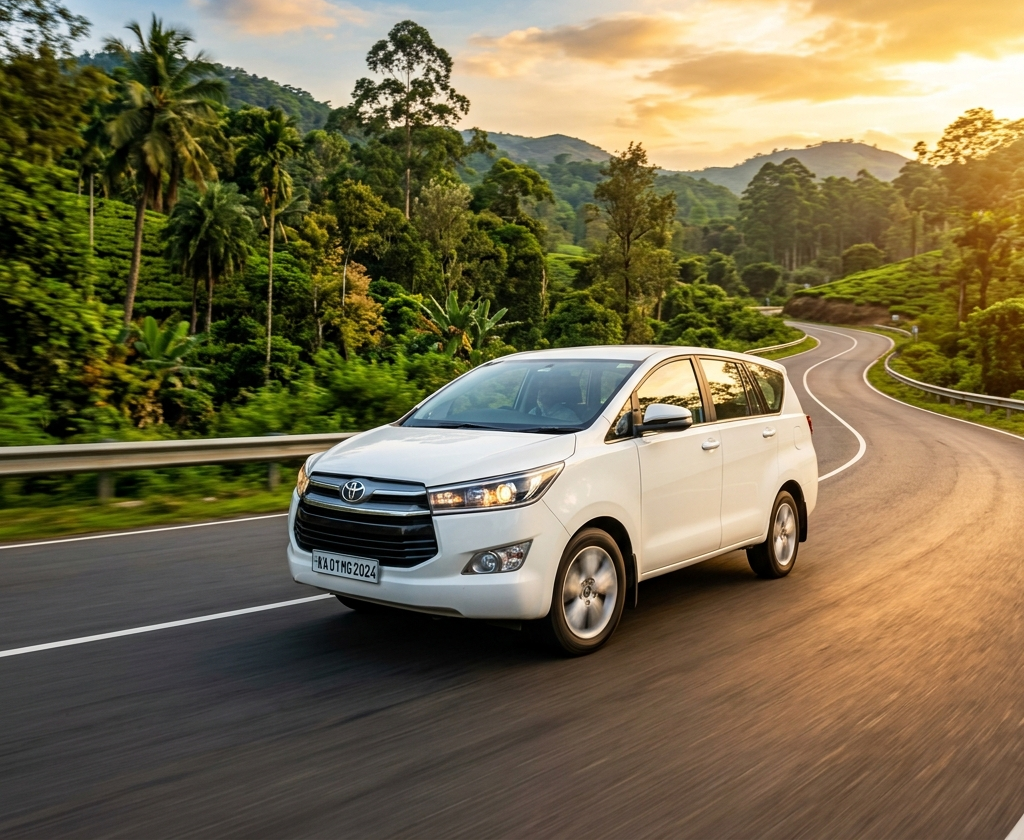 White Toyota Innova on scenic South Indian road